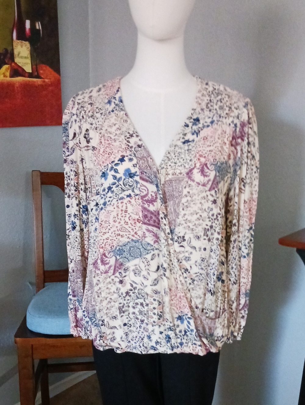 Knox Rose Cream Multicolor Floral Boho Wrap Blouse